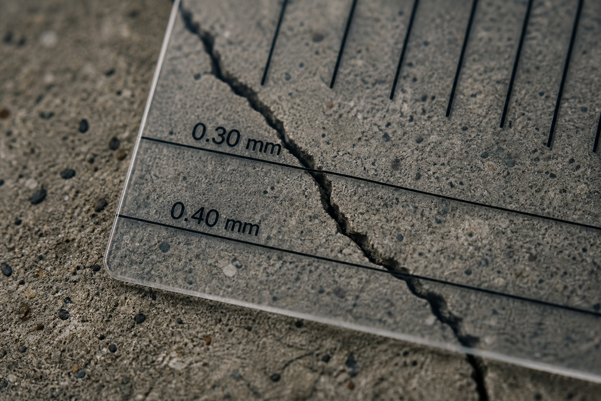크랙게이지로 잰 균열 폭 — 0.3mm와 0.4mm 기준선이 부위별 판정을 가른다