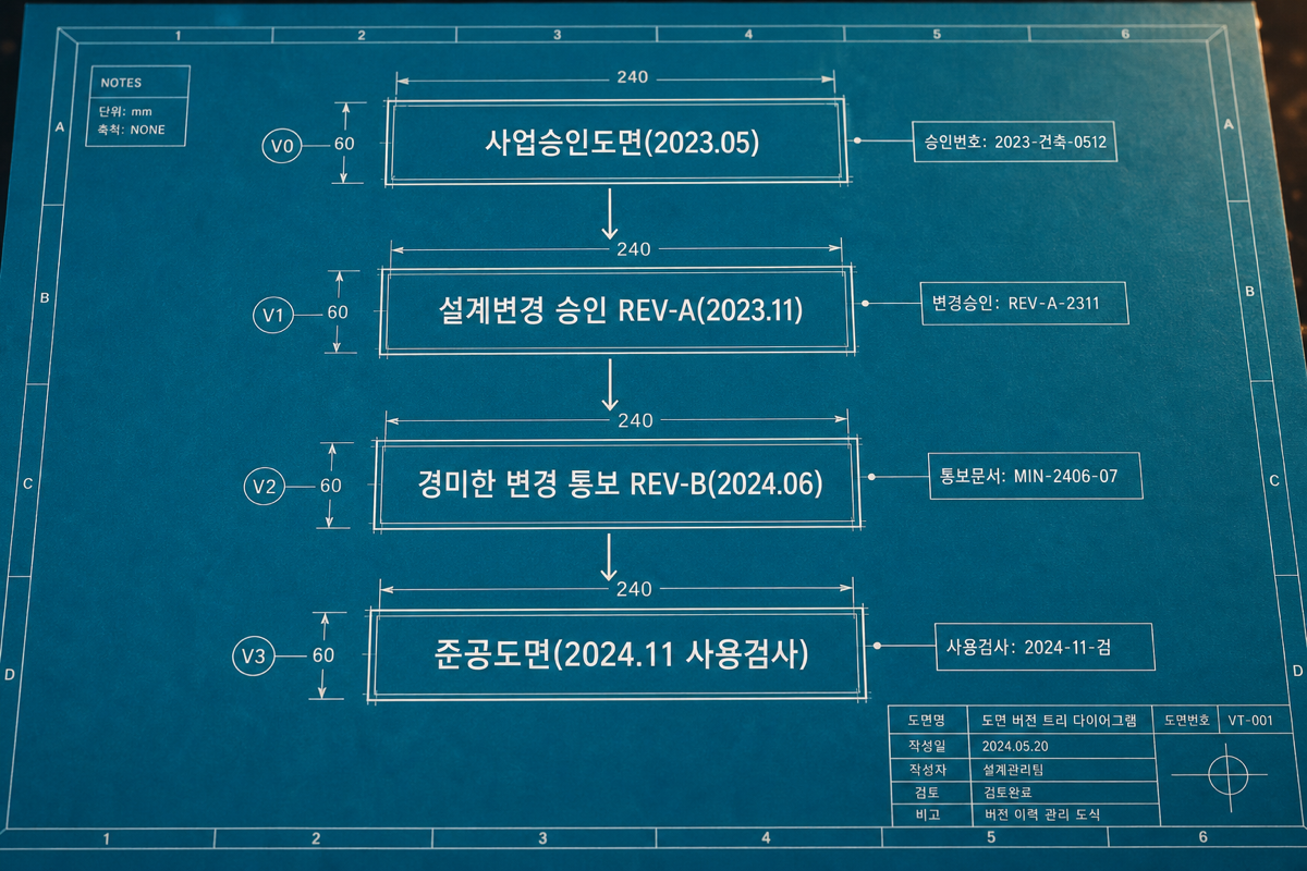 사업승인도면에서 준공도면까지 이어지는 리비전 트리 — 각 마디마다 승인·통보 문서가 붙어야 완결된다