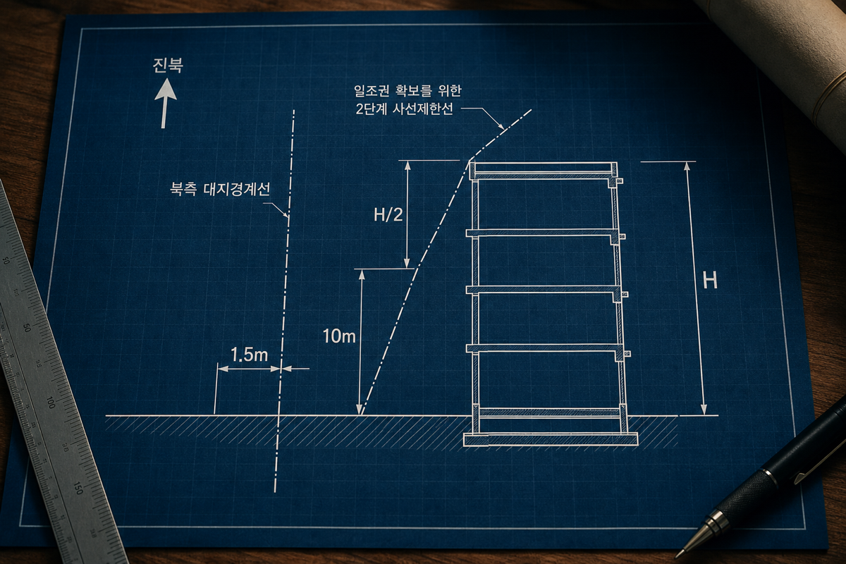 정북 일조 사선 — 10m 이하 1.5m, 10m 초과는 해당 부분 높이의 절반 이상 이격
