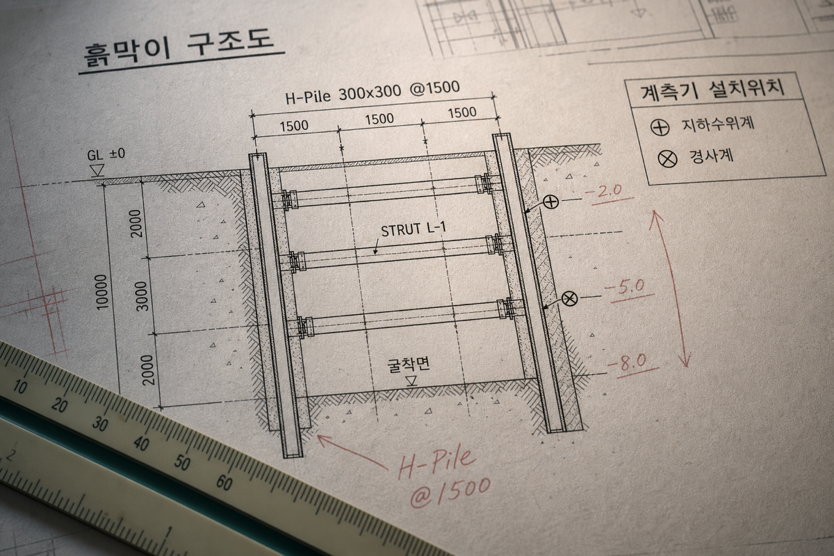 지하 2층 이상 굴착 시 조건부로 붙는 흙막이 구조도면 — 파일 간격·스트럿·계측기 위치가 한 도면에 정리돼야 통과가 빠르다