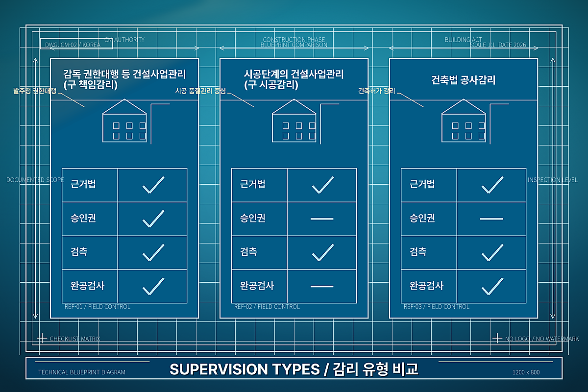 감리 3종 권한 비교 — 승인권을 쥔 자리와 확인만 하는 자리를 한눈에