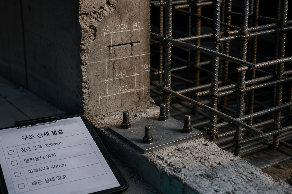 Extreme macro close-up of a hairline crack running vertically on a painted interior concrete wall of a Korean apartment. A transparent plastic crack width gauge card is pressed flush against the wall next to the crack, its scale markings 0.1 / 0.2 / 0.3 / 0.4 / 0.5 mm clearly readable, aligned to show the crack matches the 0.4 mm slot. A small yellow steel measuring tape extended alongside the crack showing "185 cm". Sharp focus on the crack and gauge, soft falloff, natural daylight, no people, no text overlays, no logos.