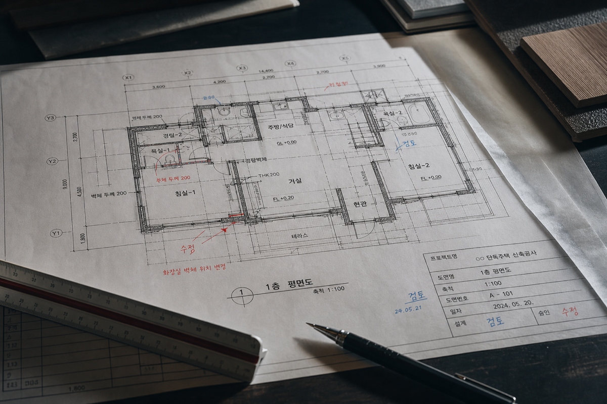 Technical blueprint-style overhead of an apartment unit floor plan (침실1, 침실2, 거실, 주방, 욕실 labeled in Korean) drawn in white lines on deep blue background. Small red circular pins with white numbers HZ-001 through HZ-008 placed at defect locations along walls. Each pin has a thin arrow indicating photograph shooting direction. Dimension lines with metric measurements (mm) along room edges. A neat legend box at bottom right in Korean: "HZ-핀번호 · 촬영방향 · 부위". Clean, technical, no clutter, no logos, no watermarks.