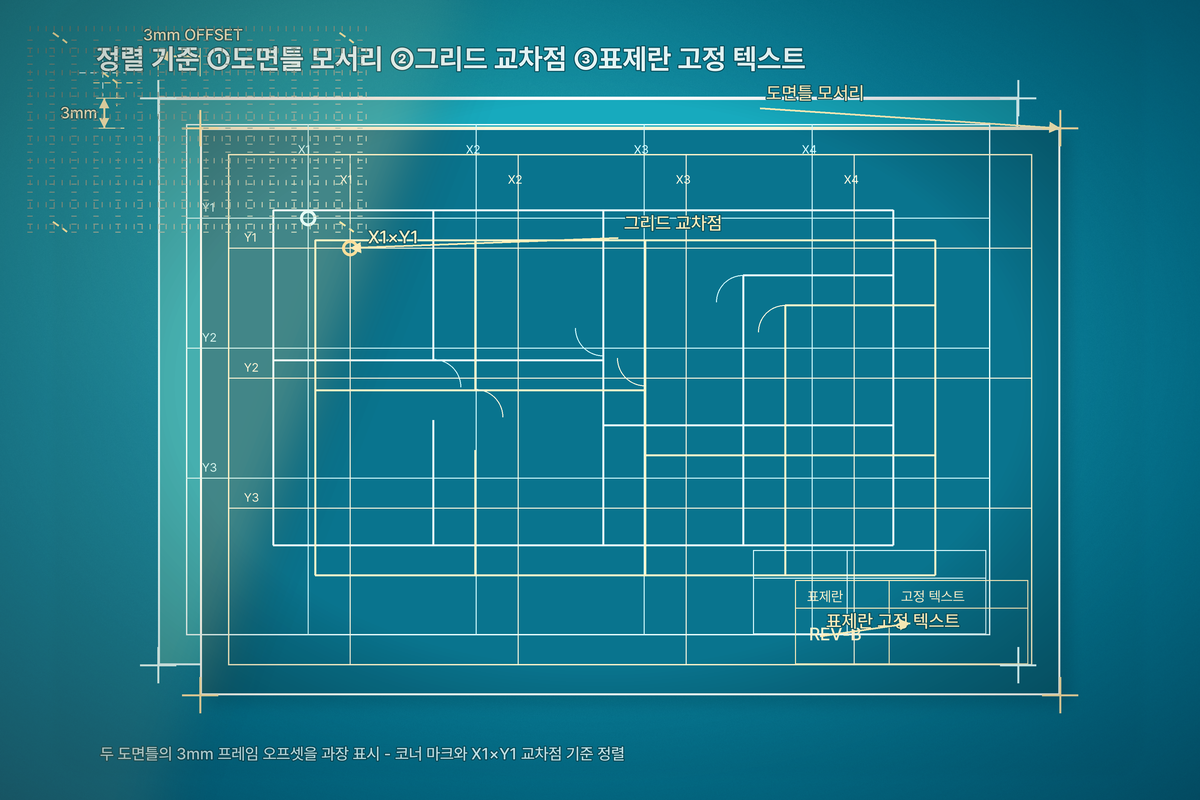 오버레이 전에 도면틀·그리드 교차점으로 정렬을 잡아야 가짜 변경을 걸러낼 수 있다.