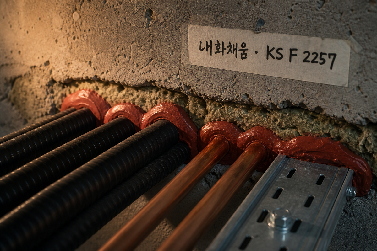 관통부 내화채움 — 벽·바닥이 아무리 내화라도 이 한 뼘에서 뚫리면 구획은 무효가 된다.