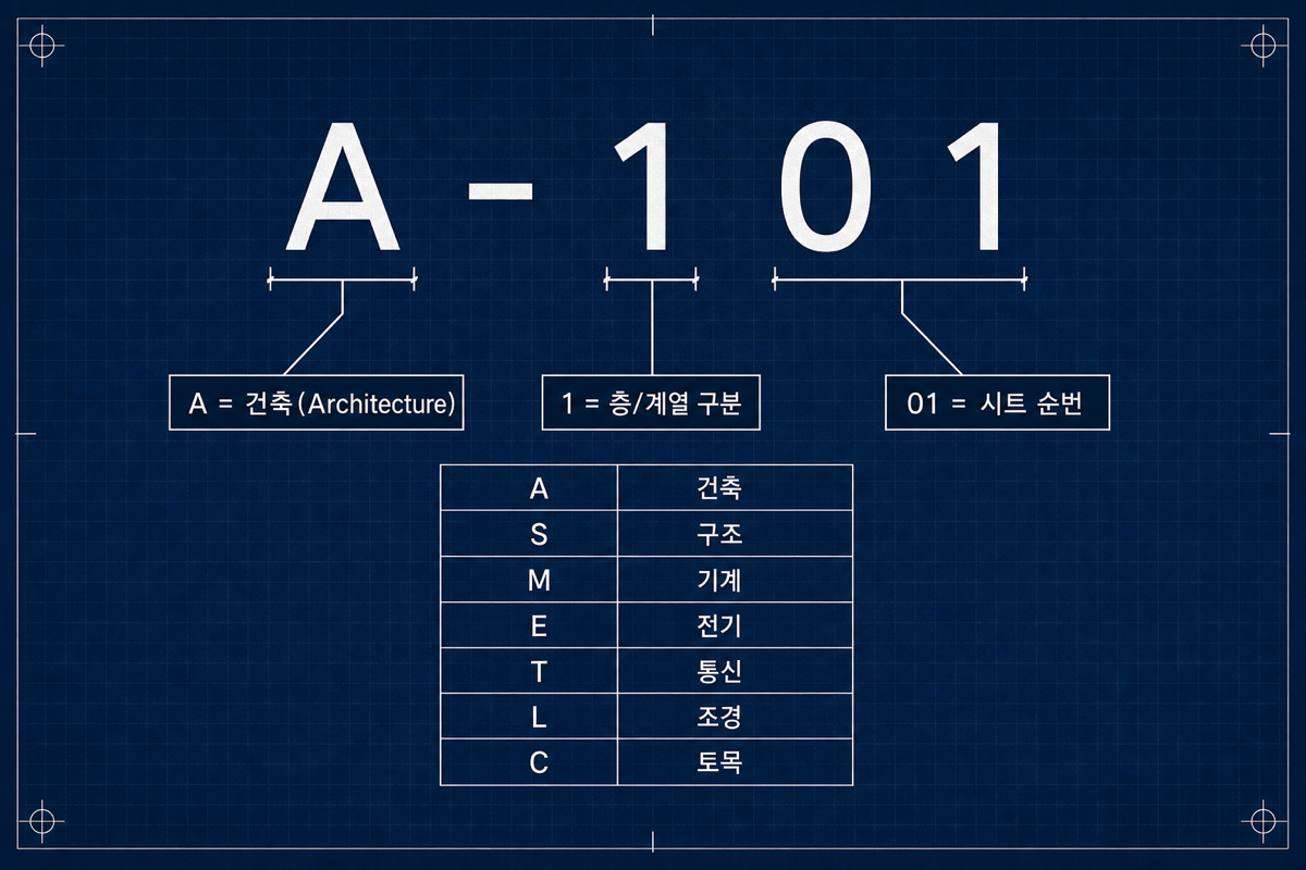 도면번호 A-101 해부도 — 공종코드·층·계열 자릿수의 의미를 분해했다