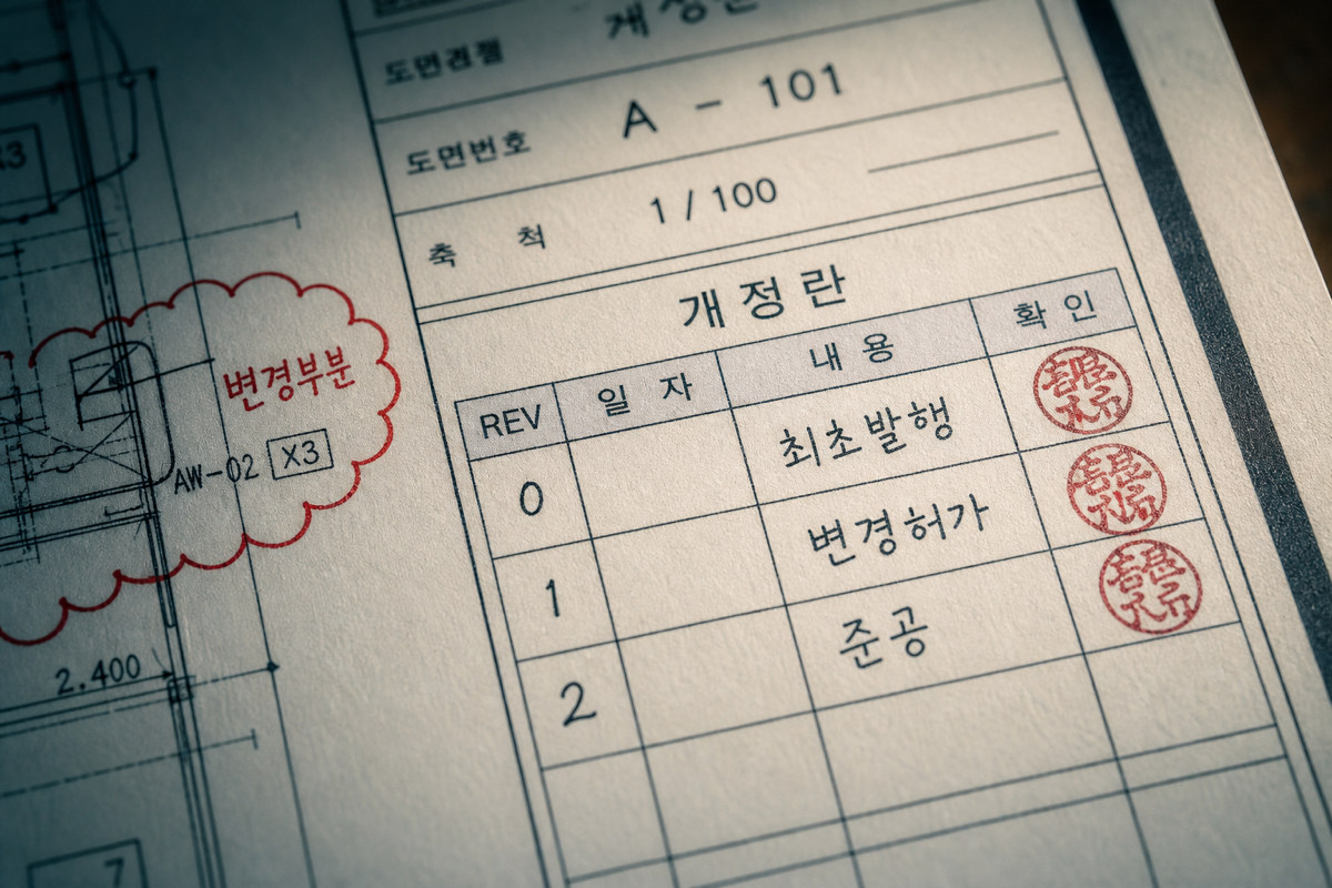 도면 개정란의 리비전 이력이 사용승인 검사에서 "허가도면대로 시공"을 증명하는 첫 근거다.
