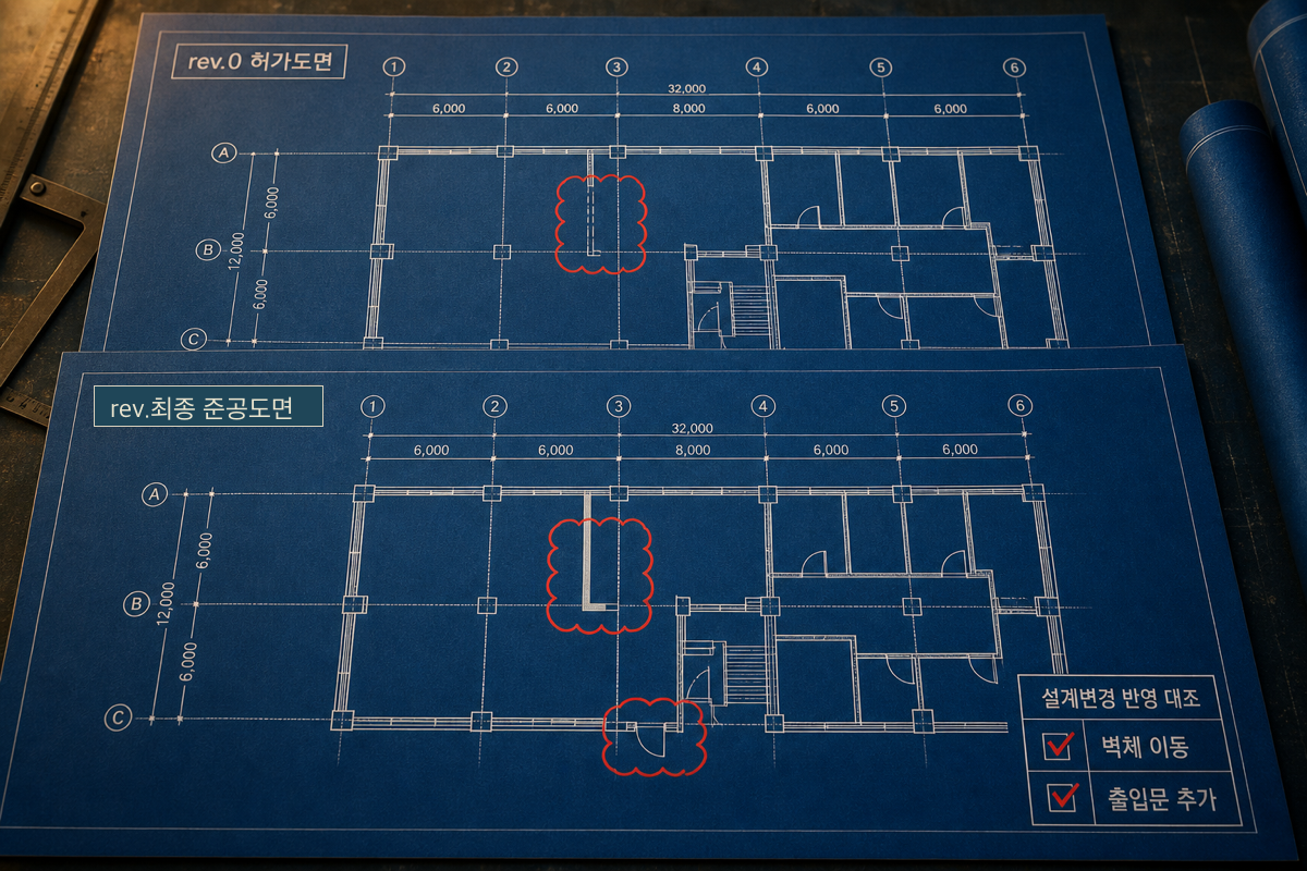 허가도면 대 준공도면 오버레이로 설계변경 반영 여부를 정합 확인하는 개념도.