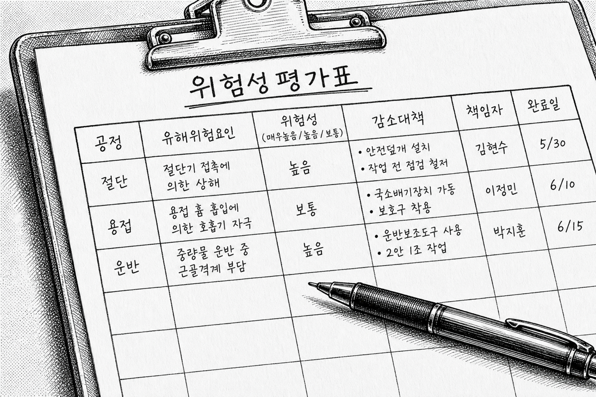 한 장짜리 위험성평가표 — 12개 열로 시행규칙 제37조 기록 항목을 모두 담습니다