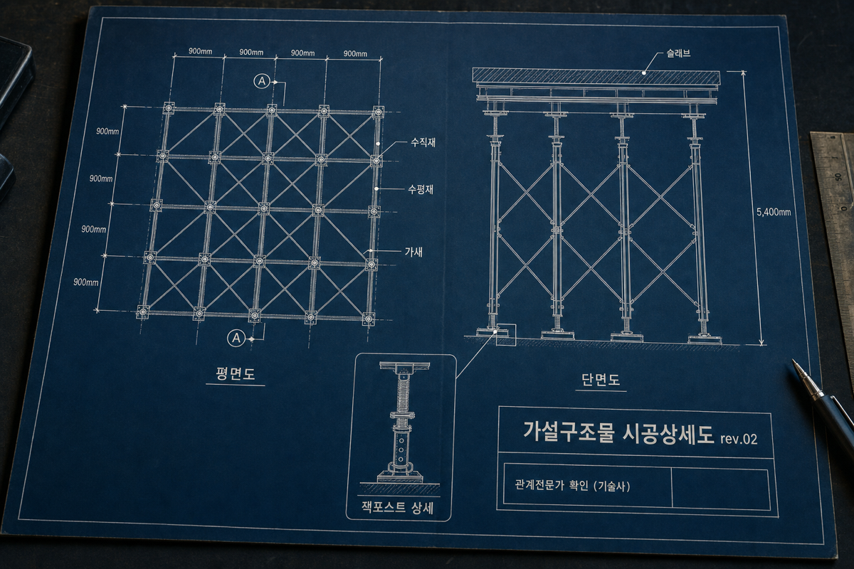 5m 이상 거푸집·동바리는 관계전문가(기술사) 서명 시공상세도가 별도로 필요하다.
