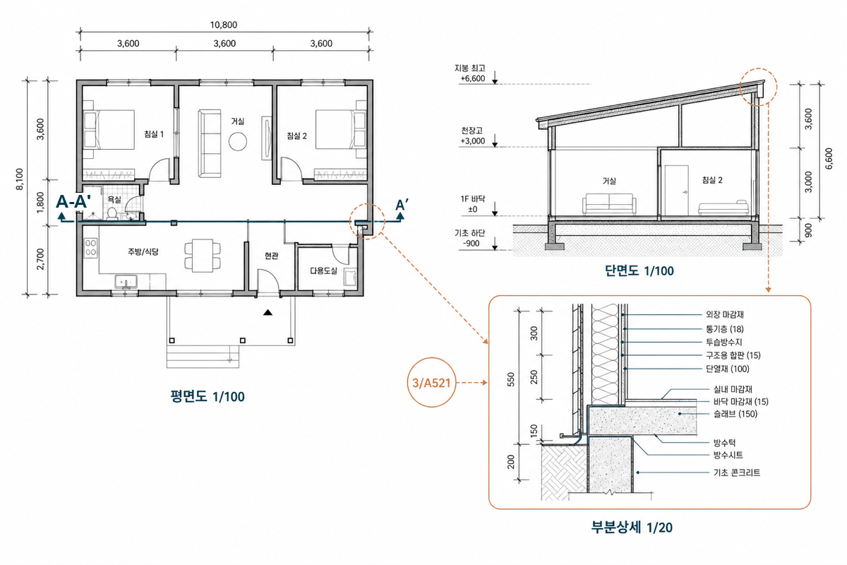 평면 → 단면 → 부분상세로 내려가는 참조 동선