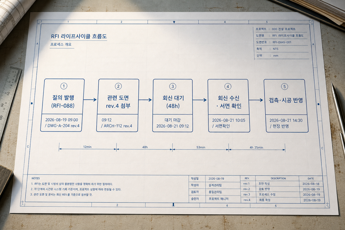RFI 하나가 도면 리비전·회신 시각·시공 반영까지 이어지는 표준 흐름
